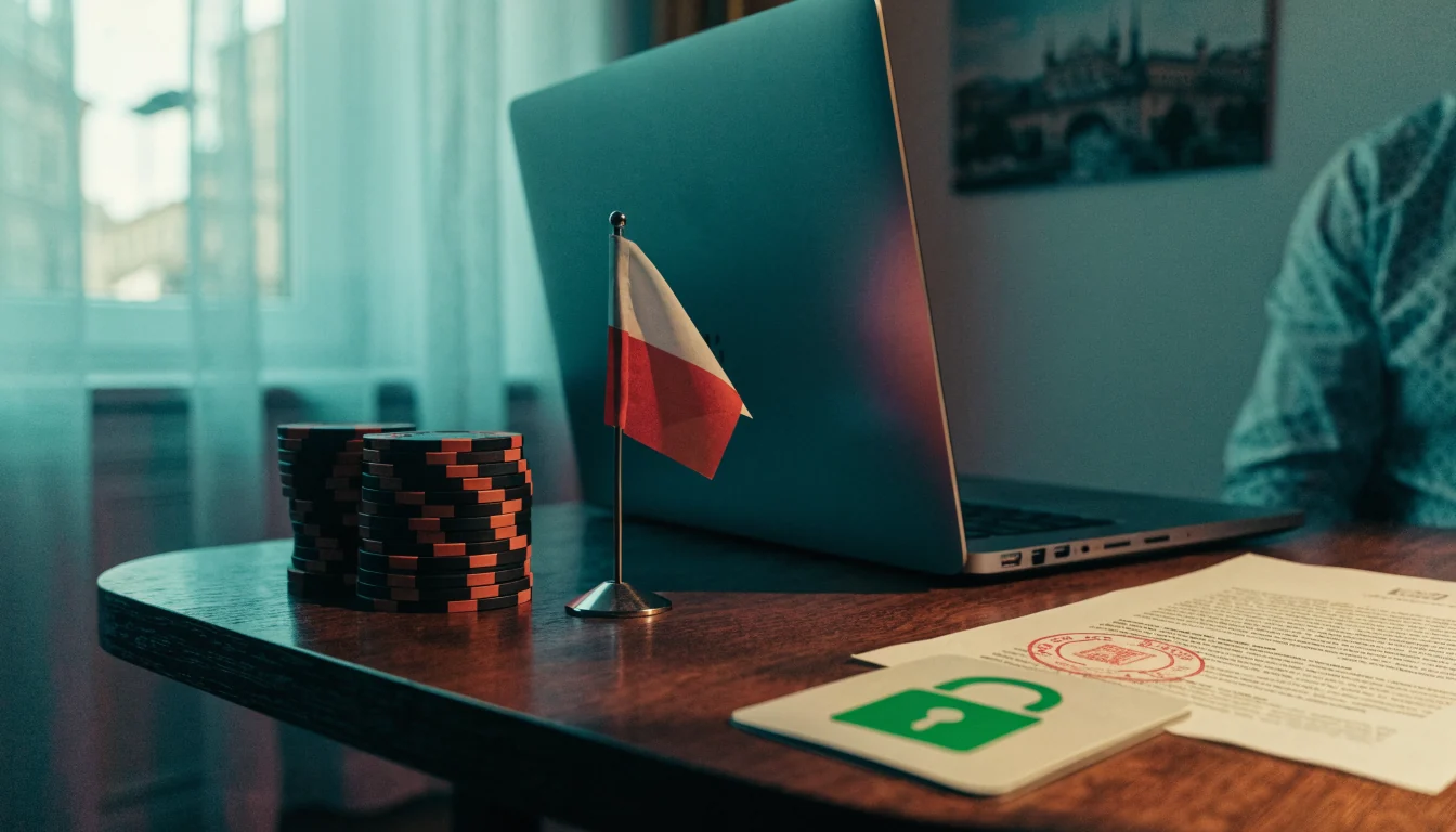 Biurko z laptopem, żetonami, polską flagą i kłódką w jasnym wnętrzu.