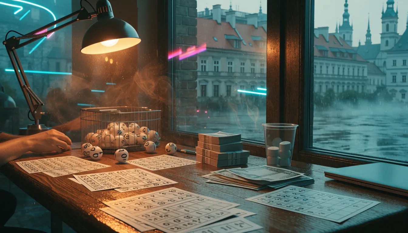 Bingo karty i żetony na drewnianym stole w polskim wnętrzu