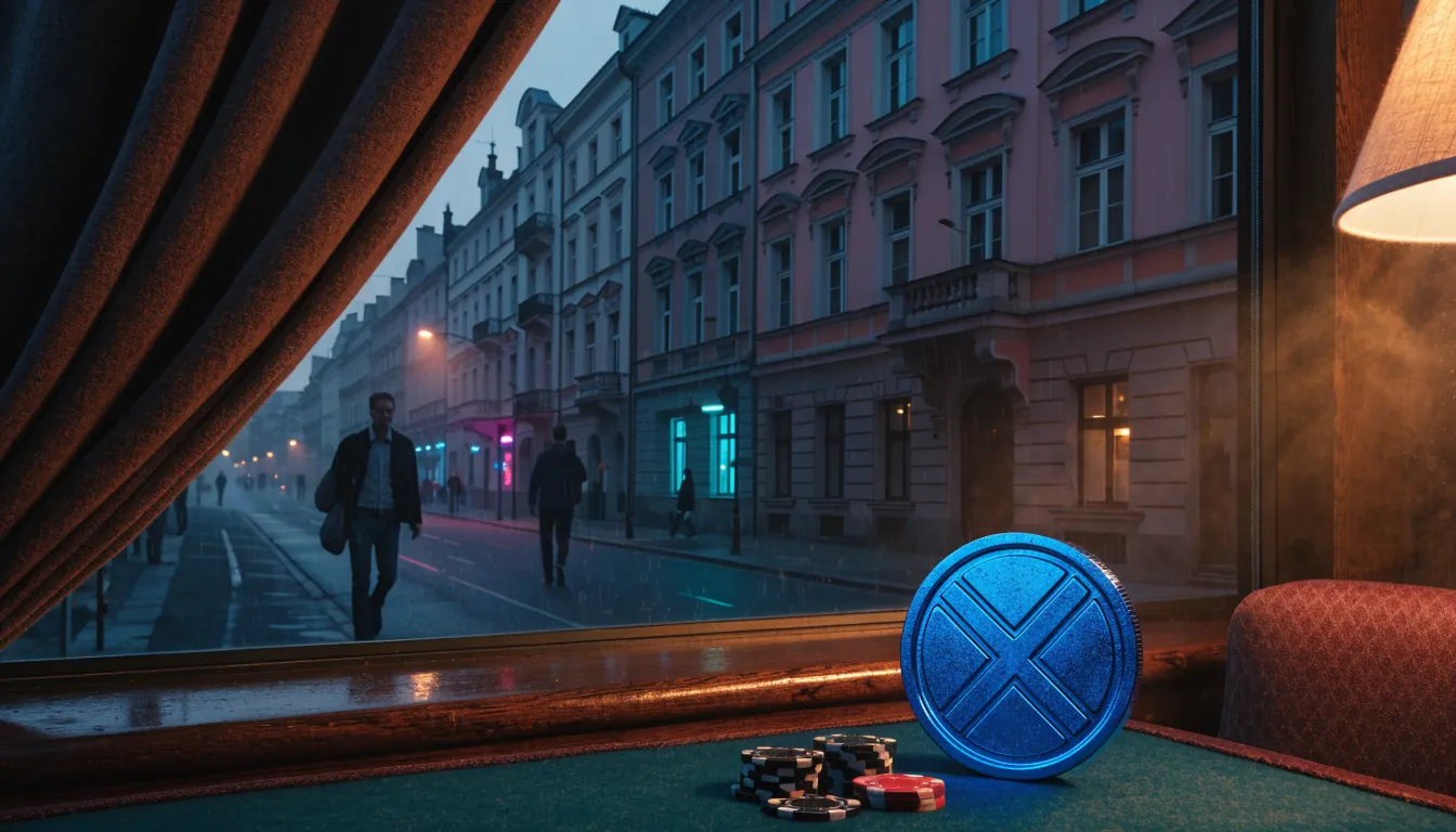 Widok przez okno na polską ulicę o zmierzchu, żetony kasynowe i niebieska moneta kryptowaluty na filcu
