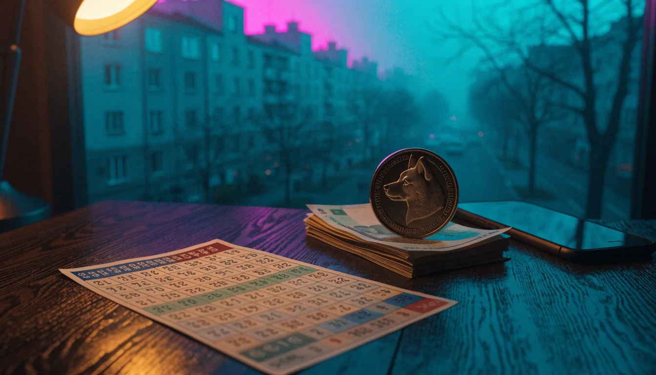 Moneta Dogecoin na stole z polskim losem i banknotami złotymi