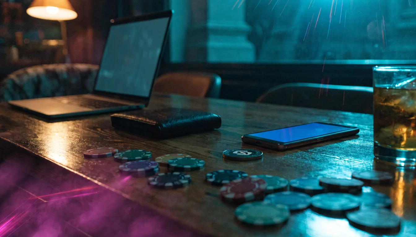 Stół kasyna z żetonami, telefonem i monetą kryptowaluty Solana w nastrojowym wnętrzu.