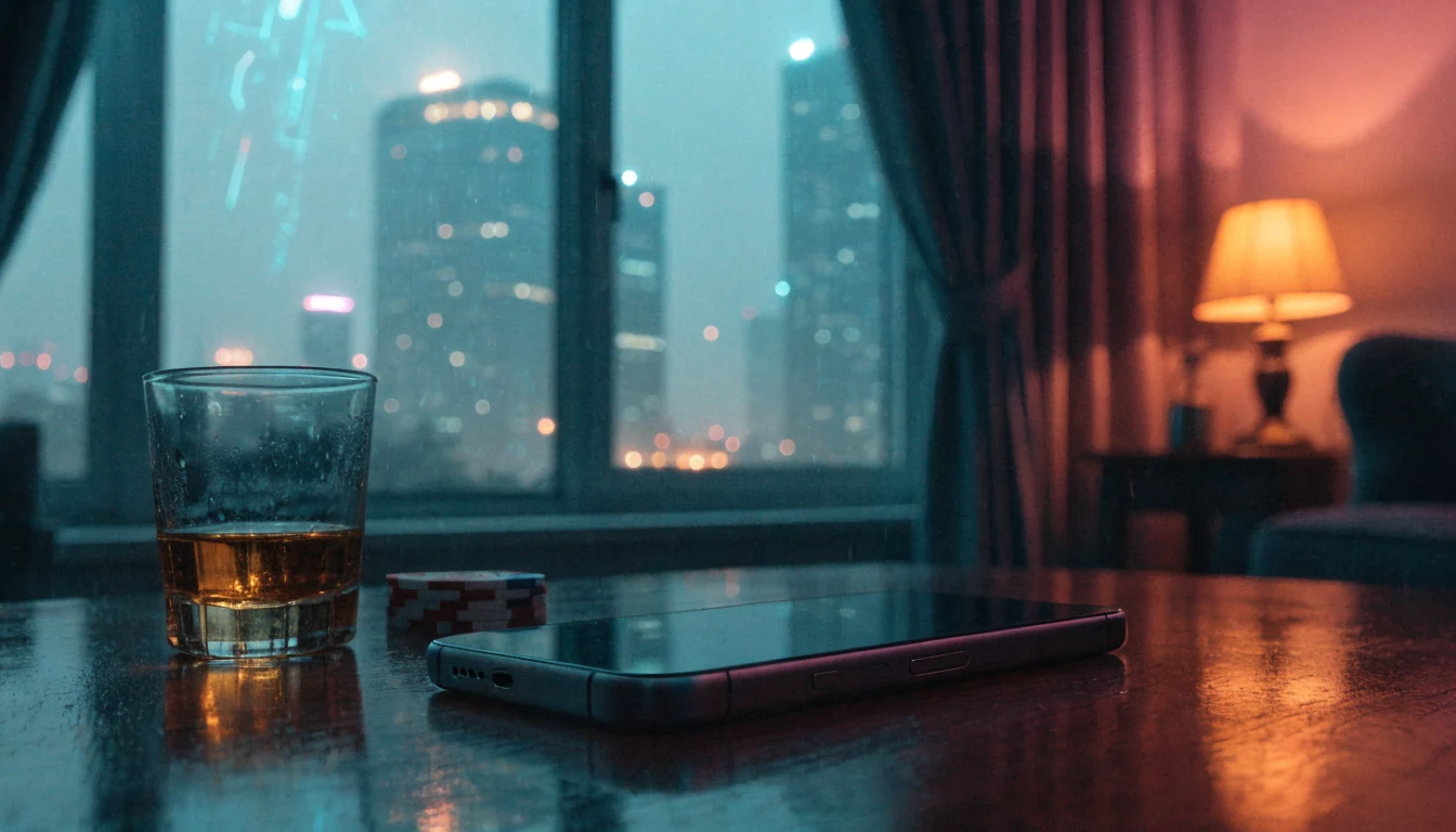 iPhone na stole obok żetonów pokerowych w wieczornym wnętrzu