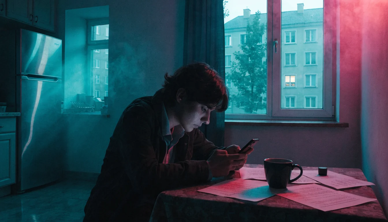 Osoba siedząca samotnie przy stole w polskim mieszkaniu, trzymająca telefon, w przemyślanym nastroju.