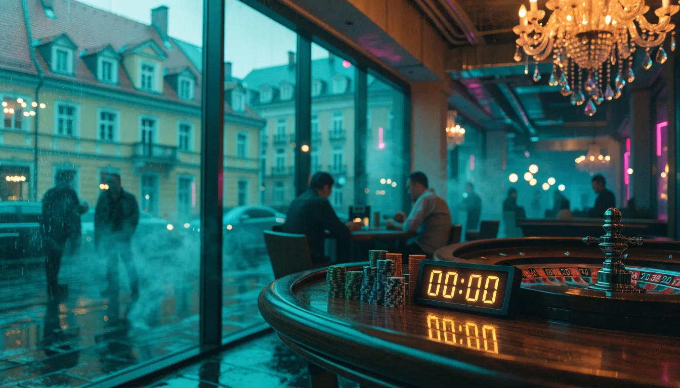Wnętrze eleganckiego kasyna z ruletką, żetonami i symbolem szybkiej wypłaty.